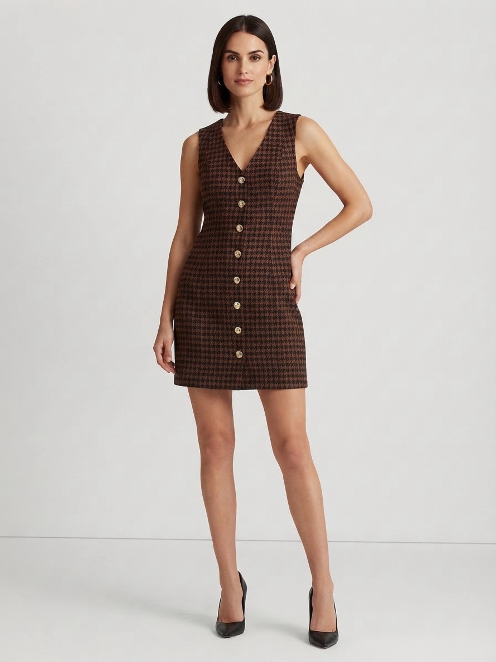 Anne Klein Preppy Brown & Black Houndstooth Sleeveless Mini Dress Size XS NWT